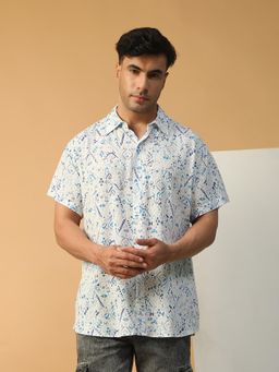 Oxolloxo - Men Multicolor Abstract Print Collared Short Sleeve Button Down Oversized Shirt