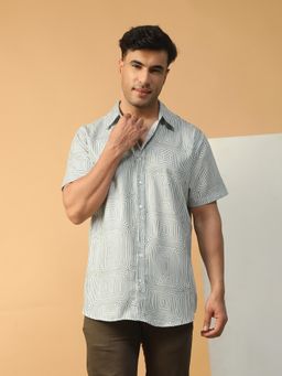 Oxolloxo - Men Light Green Geometric Print Collared Short Sleeve Button Down Oversized Shirt
