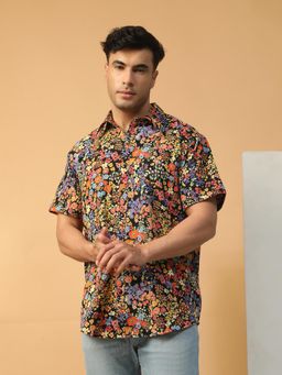 Oxolloxo - Men Multicolor Floral Print Collared Short Sleeve Button Down Oversized Shirt
