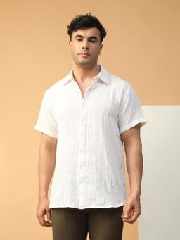 Oxolloxo - Men Solid White Collared Short Sleeve Button Down Cotton Dobby Oversized Shirt