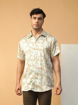 Oxolloxo - Men Green Floral Print Collared Short Sleeve Button Down Oversized Satin Shirt