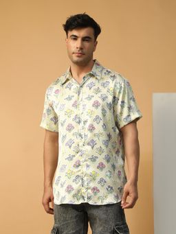 Oxolloxo - Men Multicolor Floral Print Collared Button Down Oversized Satin Shirt