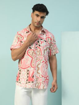Oxolloxo - Men Multicolor Abstract Print Collared Short Sleeve Button Down Oversized Shirt