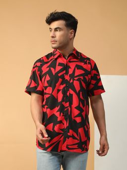 Oxolloxo - Men Red Abstract Print Collared Short Sleeve Button Down Oversized Shirt