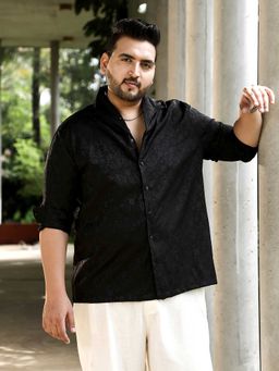 Instafab Plus - Mens Onyx Black Floral-Jacquard Button-Down Relaxed Shirt