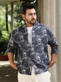 Instafab Plus - Mens Navy Blue Foliage-Jacquard Button-Down Relaxed Shirt