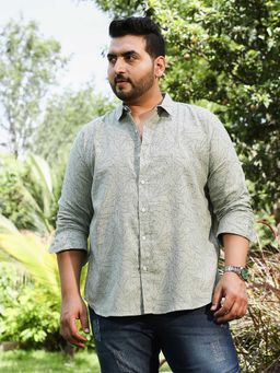 Instafab Plus - Mens Coin Grey Leaflet-Imprint Woven Shirt