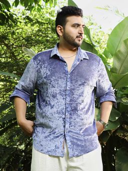 Instafab Plus - Mens Cornflower Blue Solid Velvet Shirt