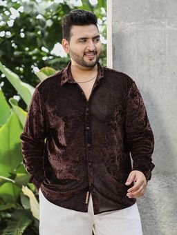 Instafab Plus - Mens Chocolate Brown Solid Velvet Shirt