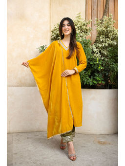 DIMPLE DESIGN STUDIO - Mustard Olive Velvet Kurta & Pant With Dupatta Suit (Set of 3)