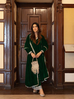 DIMPLE DESIGN STUDIO - Emrald A-Line Velvet Kurta & Palazzo With Dupatta (Set of 3)