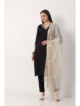 Biba - Women Off White Poly Cotton Floral Woven Dupatta