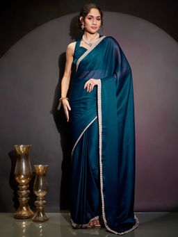 Janasya - Women Teal Silk Blend Solid Embellished Ready To Wear Saree with Unstitched Blouse