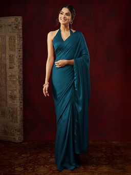 Janasya - Women Teal Satin Solid Ready To Wear Saree with Unstitched Blouse
