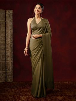 Janasya - Women Olive Solid Satin Ready To Wear Saree with Unstitched Blouse