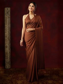 Janasya - Women Brown Solid Satin Ready To Wear Saree with Unstitched Blouse