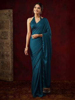 Janasya - Women Teal Solid Tassel Satin Ready To Wear Saree with Unstitched Blouse