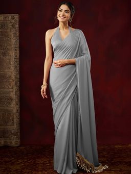 Janasya - Women Grey Satin Solid Tassel Ready To Wear Saree with Unstitched Blouse