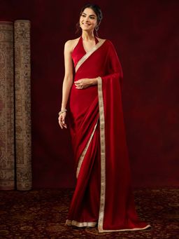 Janasya - Women Red Silk Blend Solid Embellished Ready To Wear Saree with Unstitched Blouse