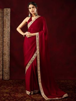 Janasya - Women Maroon Silk Blend Solid Embellished Ready To Wear Saree with Unstitched Blouse