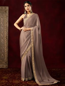 Janasya - Women Light Brown Embellished Silk Blend Ready To Wear Saree with Unstitched Blouse