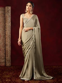 Janasya - Women Grey Silk Blend Solid Gota Work Ready To Wear Saree with Unstitched Blouse