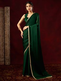 Janasya - Women Dark Green Silk Blend Solid Lace Work Ready To Wear Saree with Unstitched Blouse