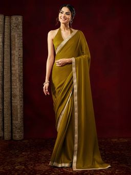Janasya - Women Olive Solid Lace Border Silk Blend Ready To Wear Saree with Unstitched Blouse