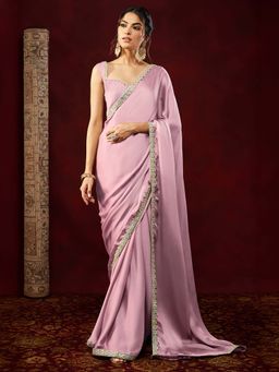 Janasya - Women Pink Silk Blend Solid Gota Work Ready To Wear Saree with Unstitched Blouse