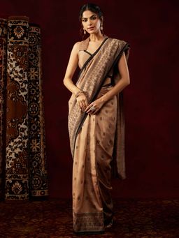Janasya - Women Light Brown Printed Silk Blend Ready To Wear Saree with Unstitched Blouse