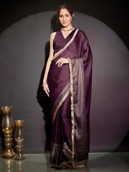 Janasya - Women Wine Silk Blend Foil Printed Ready To Wear Saree with Unstitched Blouse