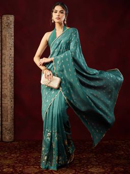 Janasya - Women Teal Silk Blend Floral Printed Ready To Wear Saree with Unstitched Blouse