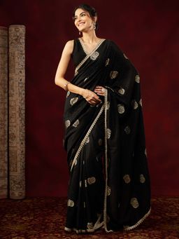 Janasya - Women Black-Gold Printed Silk Blend Ready To Wear Saree with Unstitched Blouse
