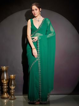 Janasya - Women Green Embellished Stone Work Ready To Wear Saree with Unstitched Blouse