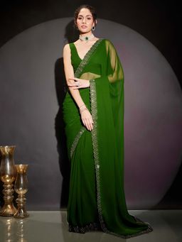 Janasya - Women Green Embellished Stone Work Ready To Wear Saree with Unstitched Blouse