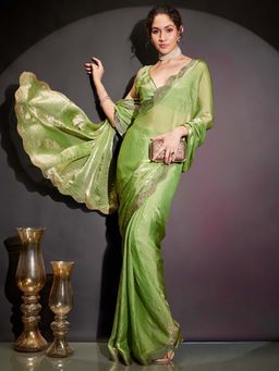 Janasya - Women Light Green Embellished Stone Work Ready To Wear Saree with Unstitched Blouse