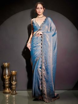 Janasya - Women Blue Embellished Stone Work Tissue Ready To Wear Saree with Unstitched Blouse