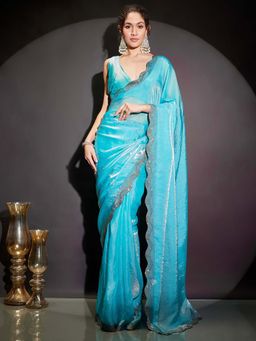 Janasya - Women Blue Embellished Stone Work Ready To Wear Saree with Unstitched Blouse
