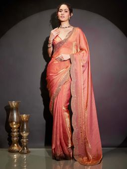 Janasya - Women Peach Embellished Stone Work Tissue Silk Ready To Wear Saree with Unstitched Blouse