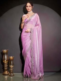 Janasya - Women Lavender Embellished Stone Work Ready To Wear Saree with Unstitched Blouse