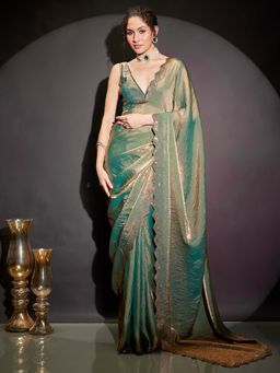 Janasya - Women Green Embellished Stone Work Tissue Ready To Wear Saree with Unstitched Blouse