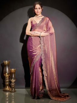 Janasya - Women Purple Embellished Stone Work Ready To Wear Saree with Unstitched Blouse
