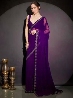 Janasya - Women Purple Embellished Stone Work Ready To Wear Saree with Unstitched Blouse