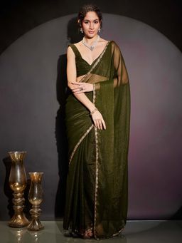 Janasya - Women Olive Silk Blend Embellished Stone Work Ready To Wear Saree with Unstitched Blouse