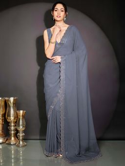 Janasya - Women Grey Embellished Stone Work Ready To Wear Saree with Unstitched Blouse
