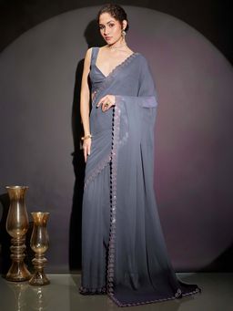 Janasya - Women Grey Embellished Stone Work Ready To Wear Saree with Unstitched Blouse