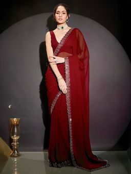 Janasya - Women Maroon Embellished Stone Work Ready To Wear Saree with Unstitched Blouse