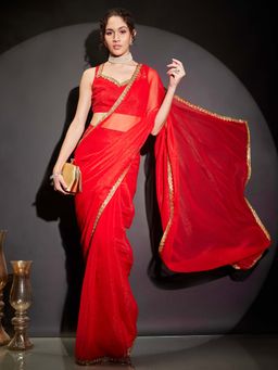 Janasya - Women Red Silk Blend Embellished Stone Work Ready To Wear Saree with Unstitched Blouse