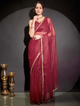 Janasya - Women Maroon Silk Blend Embellished Stone Work Ready To Wear Saree with Unstitched Blouse