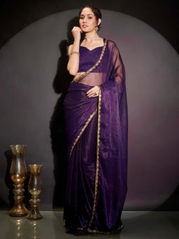 Janasya - Women Purple Silk Blend Embellished Stone Work Ready To Wear Saree with Unstitched Blouse